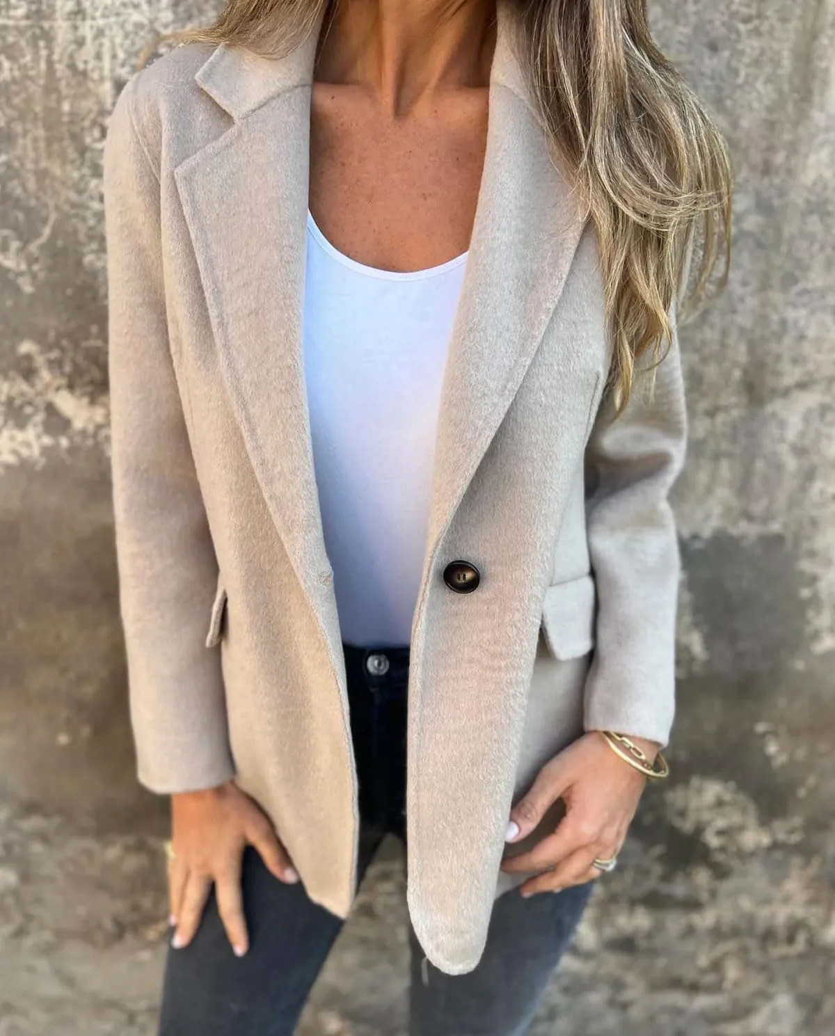 CHARTOU Women Solid Color Blazer Wool Blend Causal Business Office Open Front Short Jacket Pea Coat