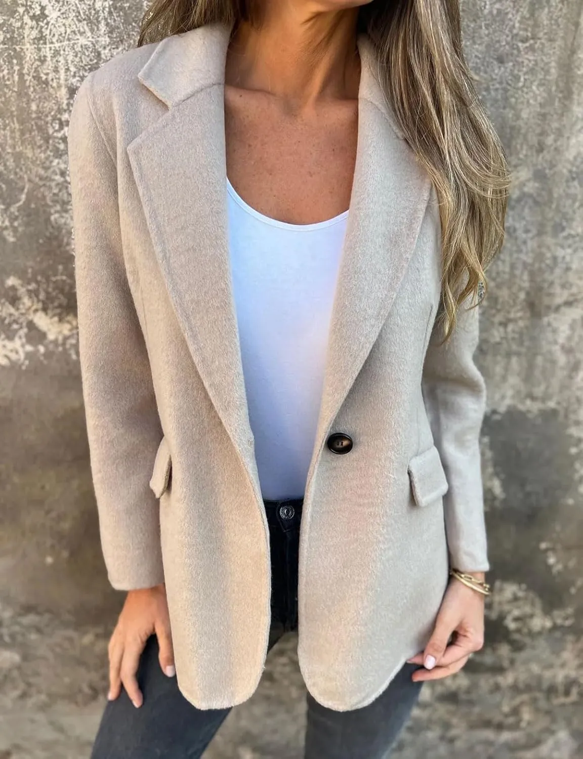 CHARTOU Women Solid Color Blazer Wool Blend Causal Business Office Open Front Short Jacket Pea Coat