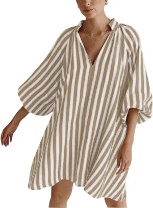 CHARTOU Women Summer Striped Beach Vacation Mini Dress 3/4 Sleeve Boho Chic Outfits Tunic Shift Dress