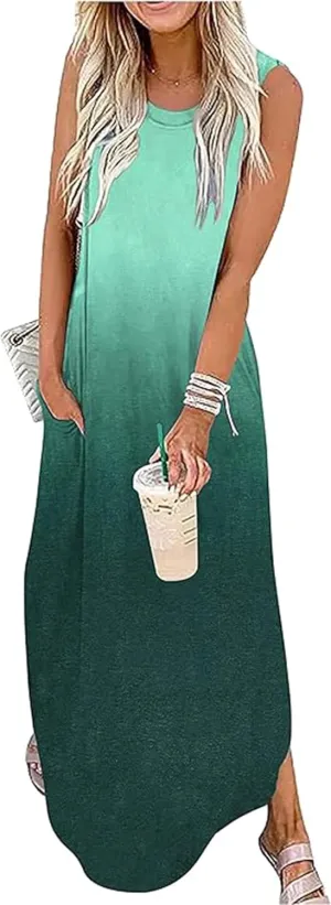 CHUNTIANRAN Women's 2023 Casual Loose Sundress Maxi Dress Sleeveless Summer Beach Long Dresses Tshirt Dress with Pockets