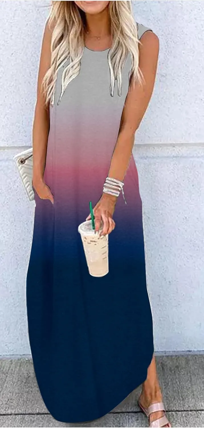 CHUNTIANRAN Women's 2023 Casual Loose Sundress Maxi Dress Sleeveless Summer Beach Long Dresses Tshirt Dress with Pockets