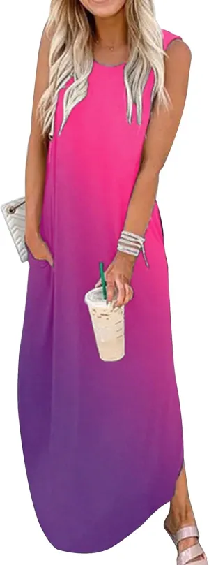 CHUNTIANRAN Women's 2023 Casual Loose Sundress Maxi Dress Sleeveless Summer Beach Long Dresses Tshirt Dress with Pockets
