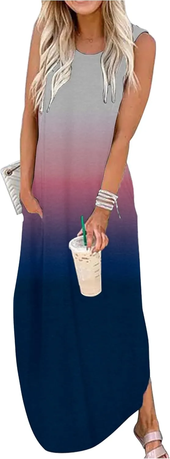 CHUNTIANRAN Women's 2023 Casual Loose Sundress Maxi Dress Sleeveless Summer Beach Long Dresses Tshirt Dress with Pockets