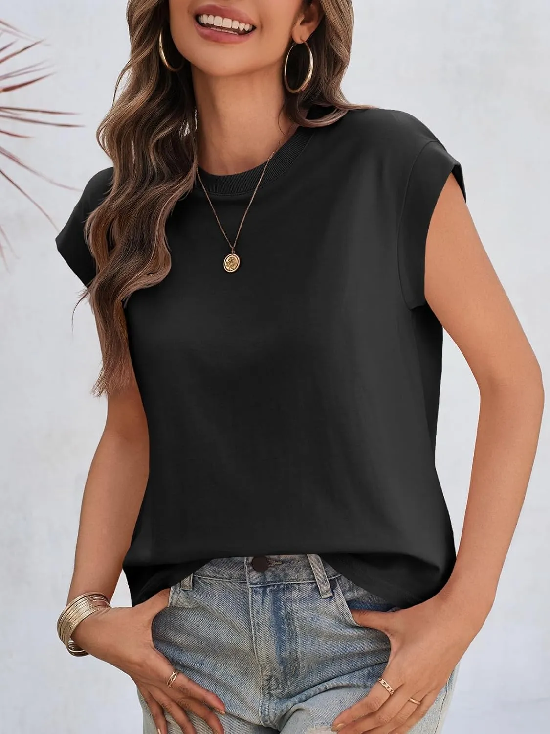 Cicy Bell Womens Cap Sleeve Cotton Tank Tops Summer Casual Loose Fit T Shirts Crew Neck Basic Tee