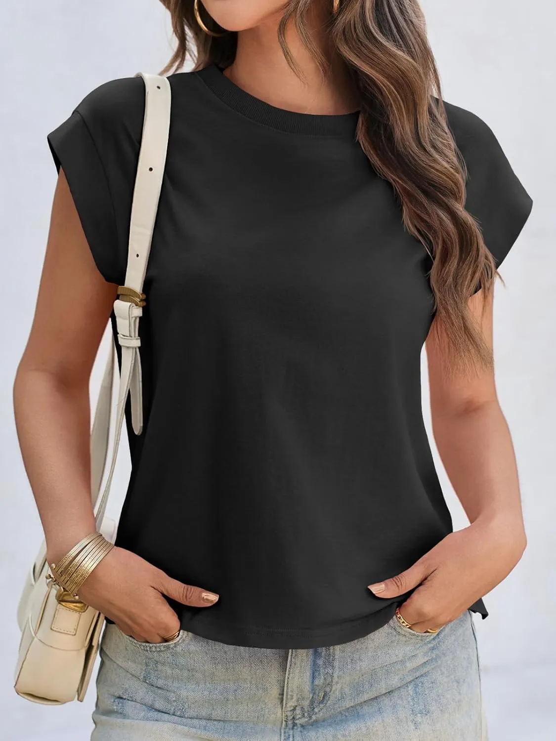 Cicy Bell Womens Cap Sleeve Cotton Tank Tops Summer Casual Loose Fit T Shirts Crew Neck Basic Tee
