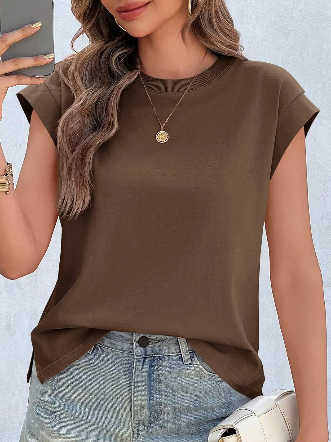 Cicy Bell Womens Cap Sleeve Cotton Tank Tops Summer Casual Loose Fit T Shirts Crew Neck Basic Tee
