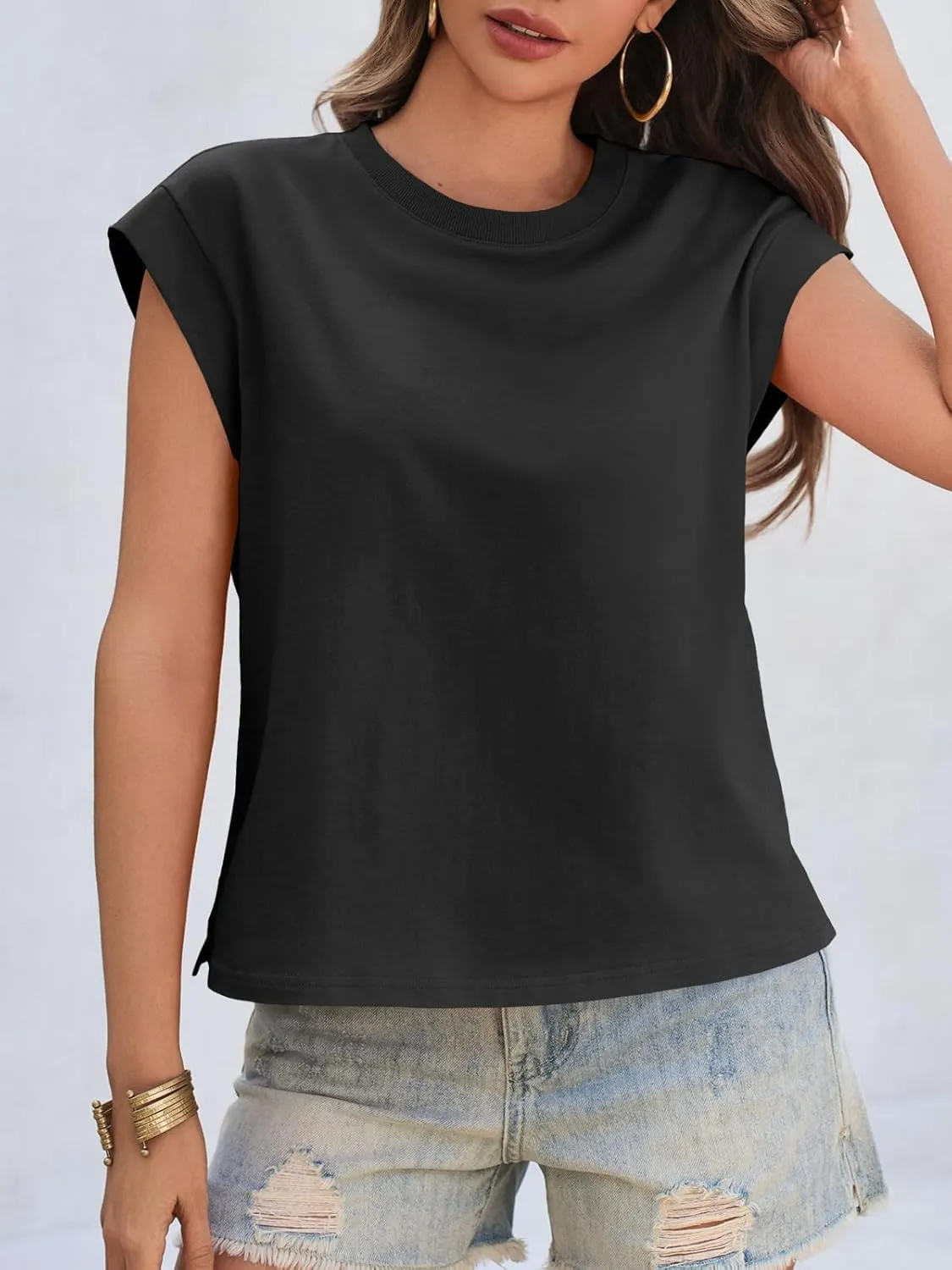 Cicy Bell Womens Cap Sleeve Cotton Tank Tops Summer Casual Loose Fit T Shirts Crew Neck Basic Tee