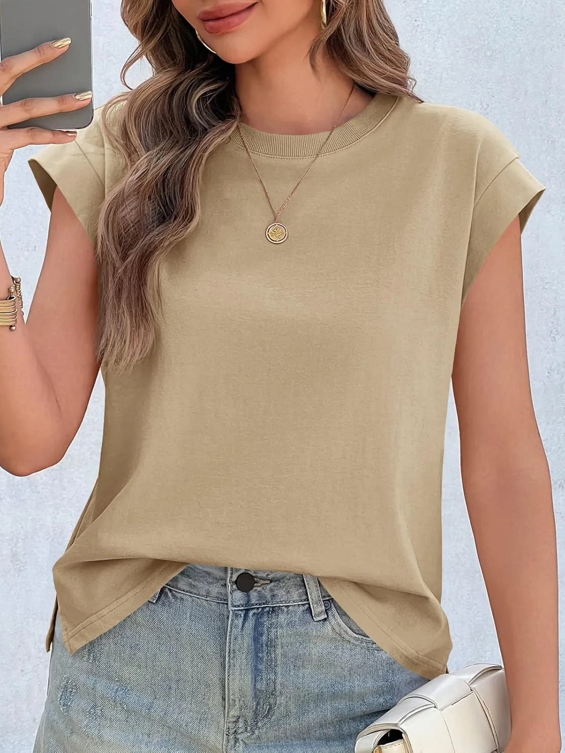 Cicy Bell Womens Cap Sleeve Cotton Tank Tops Summer Casual Loose Fit T Shirts Crew Neck Basic Tee