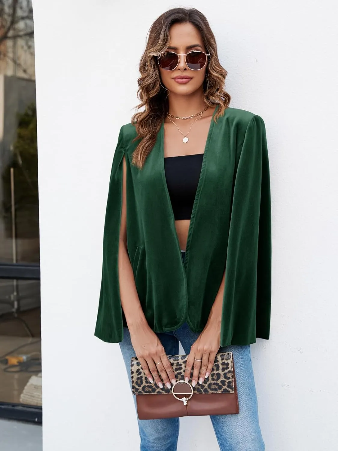 Cicy Bell Women's Velvet Cape Blazer Jackets Casual Split Long Sleeve Open Front Coat
