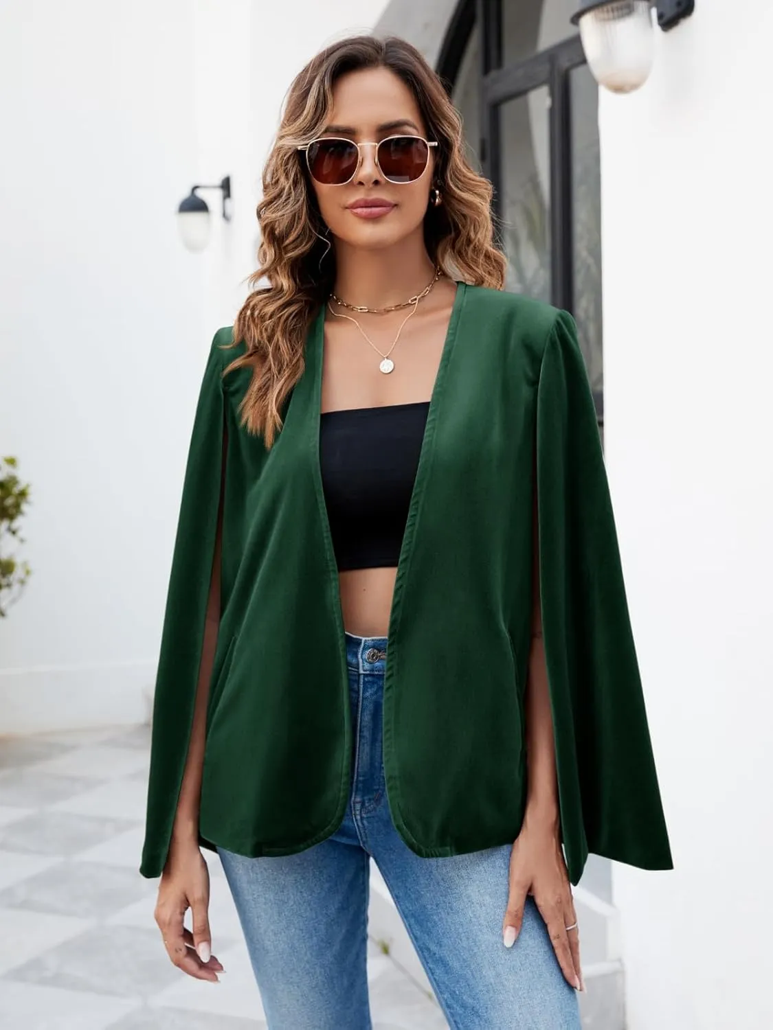 Cicy Bell Women's Velvet Cape Blazer Jackets Casual Split Long Sleeve Open Front Coat