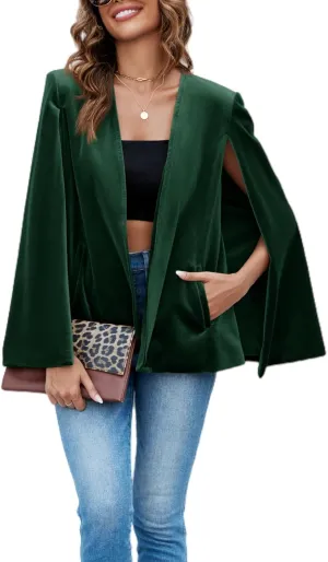 Cicy Bell Women's Velvet Cape Blazer Jackets Casual Split Long Sleeve Open Front Coat