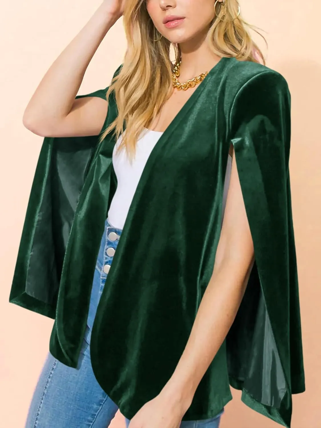 Cicy Bell Women's Velvet Cape Blazer Jackets Casual Split Long Sleeve Open Front Coat