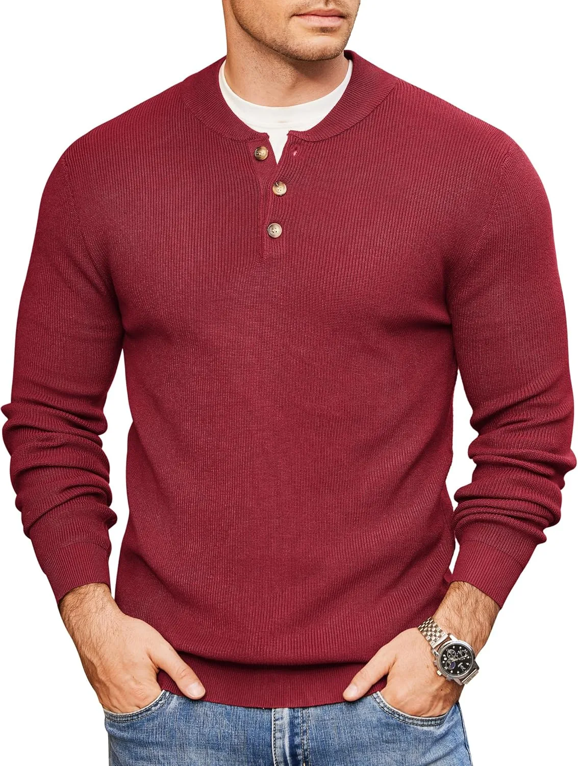 COOFANDY Men Henley Knit Sweater Dress Long Sleeve Button Pullover Sweater Casual Sweater Lightweight Slim Fit Tops