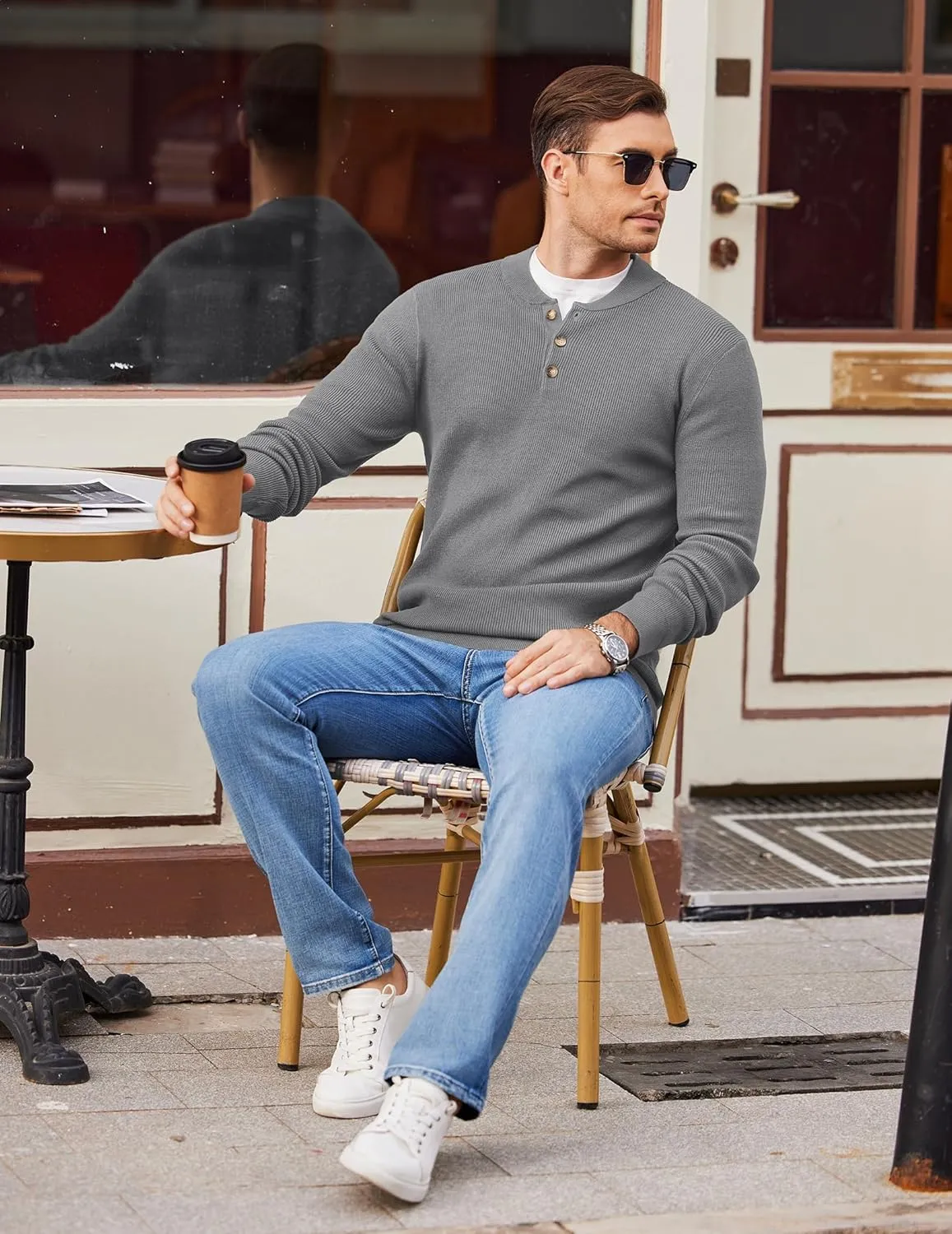 COOFANDY Men Henley Knit Sweater Dress Long Sleeve Button Pullover Sweater Casual Sweater Lightweight Slim Fit Tops