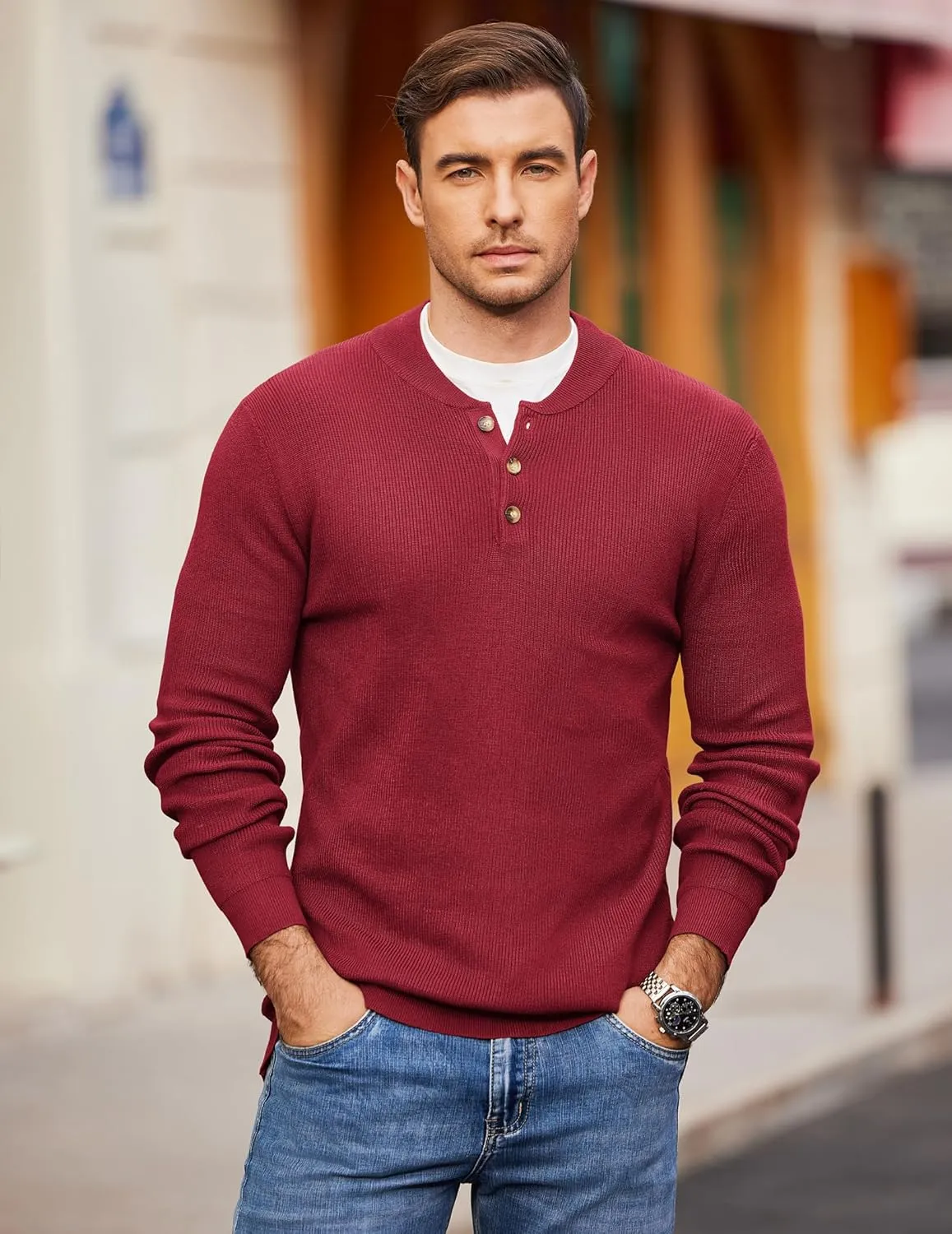 COOFANDY Men Henley Knit Sweater Dress Long Sleeve Button Pullover Sweater Casual Sweater Lightweight Slim Fit Tops