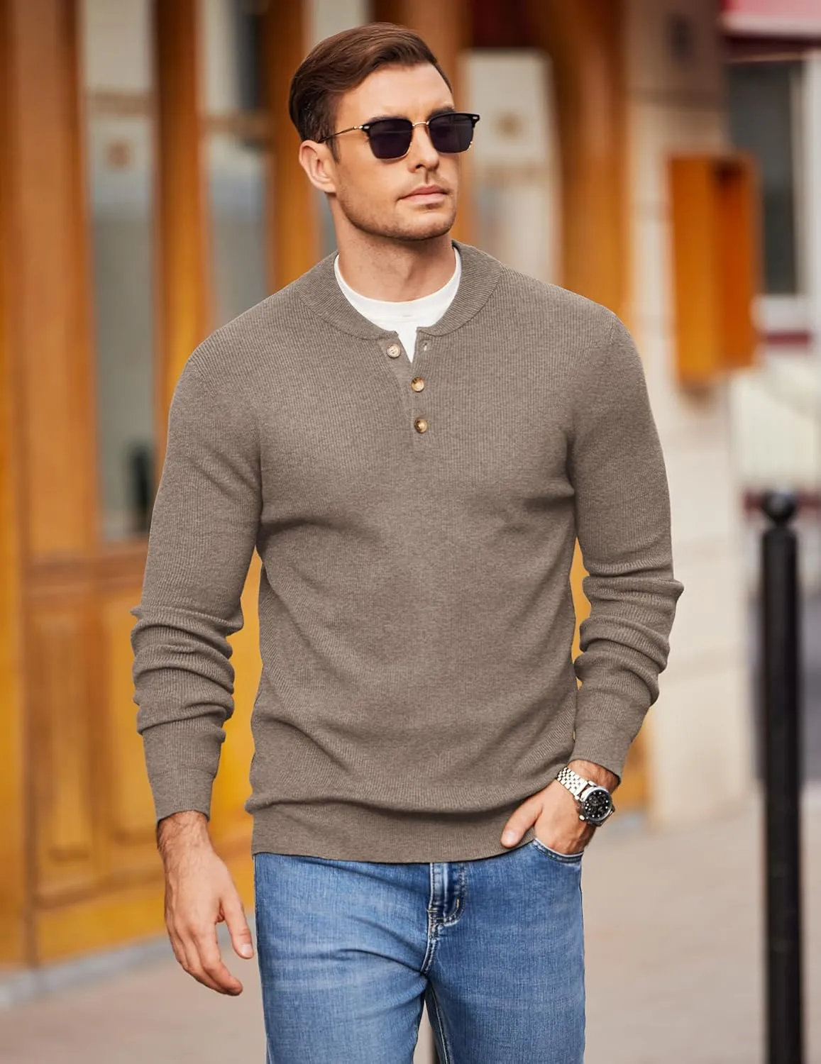 COOFANDY Men Henley Knit Sweater Dress Long Sleeve Button Pullover Sweater Casual Sweater Lightweight Slim Fit Tops