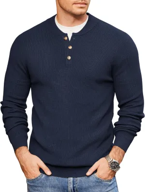 COOFANDY Men Henley Knit Sweater Dress Long Sleeve Button Pullover Sweater Casual Sweater Lightweight Slim Fit Tops
