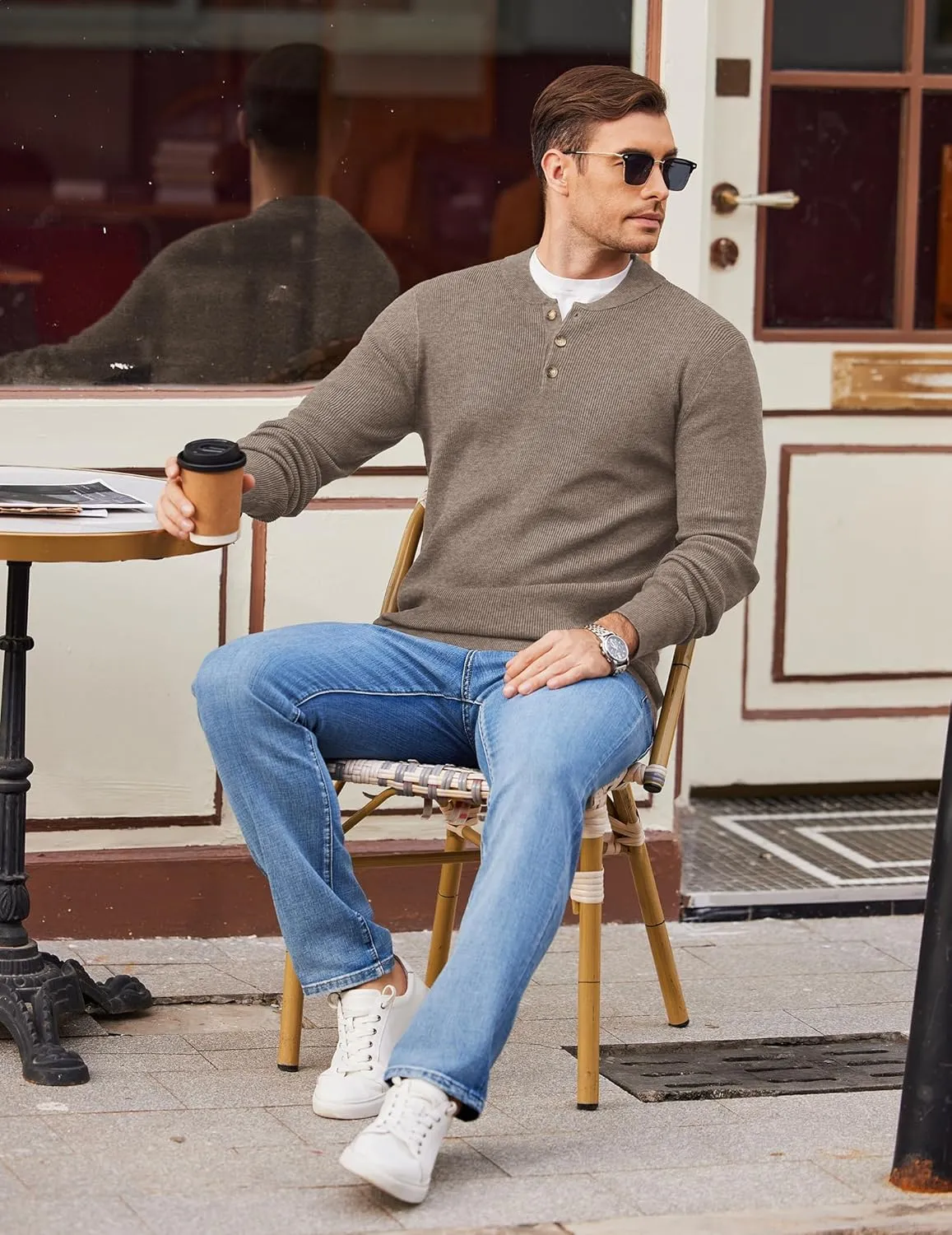 COOFANDY Men Henley Knit Sweater Dress Long Sleeve Button Pullover Sweater Casual Sweater Lightweight Slim Fit Tops