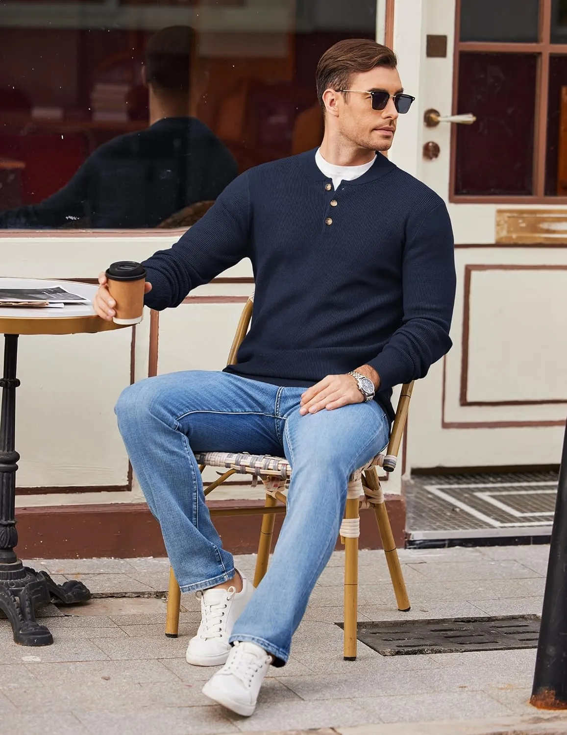 COOFANDY Men Henley Knit Sweater Dress Long Sleeve Button Pullover Sweater Casual Sweater Lightweight Slim Fit Tops