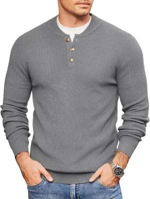 COOFANDY Men Henley Knit Sweater Dress Long Sleeve Button Pullover Sweater Casual Sweater Lightweight Slim Fit Tops