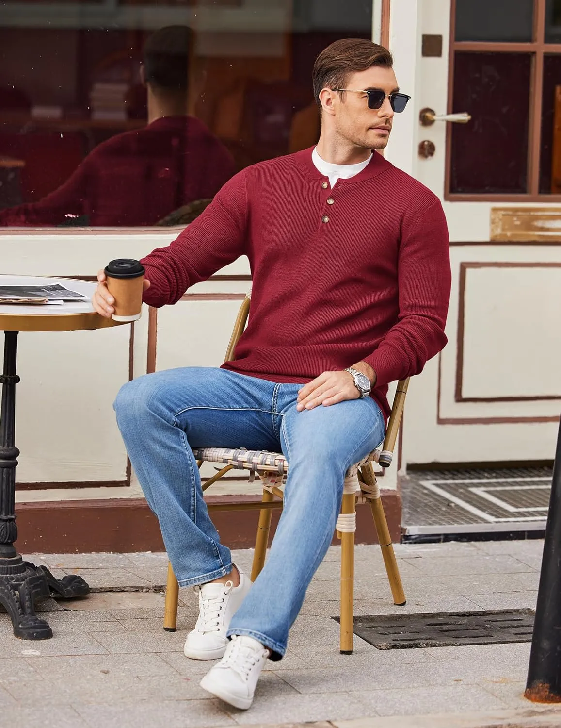 COOFANDY Men Henley Knit Sweater Dress Long Sleeve Button Pullover Sweater Casual Sweater Lightweight Slim Fit Tops