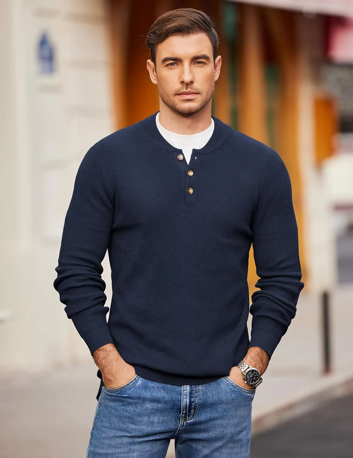 COOFANDY Men Henley Knit Sweater Dress Long Sleeve Button Pullover Sweater Casual Sweater Lightweight Slim Fit Tops