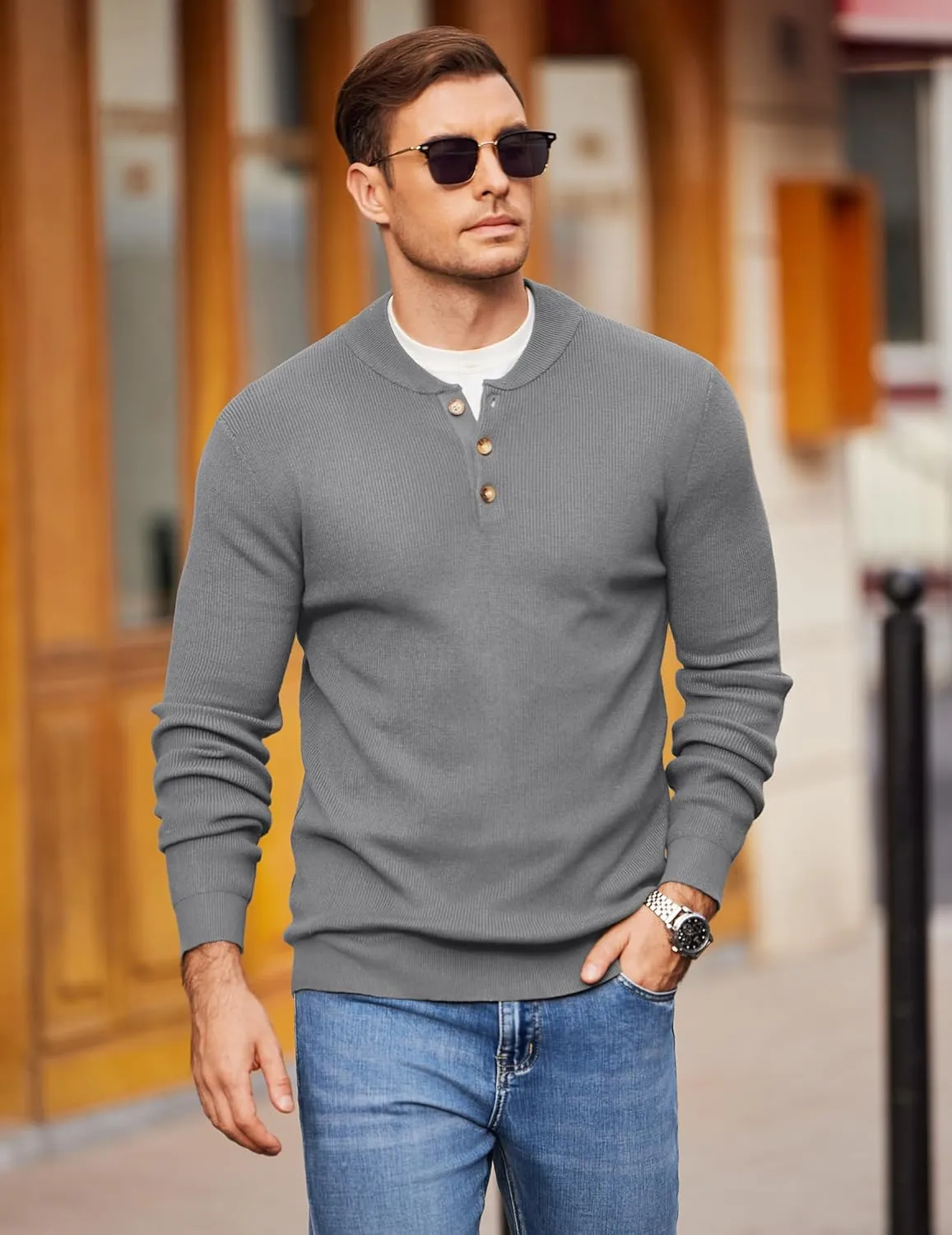 COOFANDY Men Henley Knit Sweater Dress Long Sleeve Button Pullover Sweater Casual Sweater Lightweight Slim Fit Tops