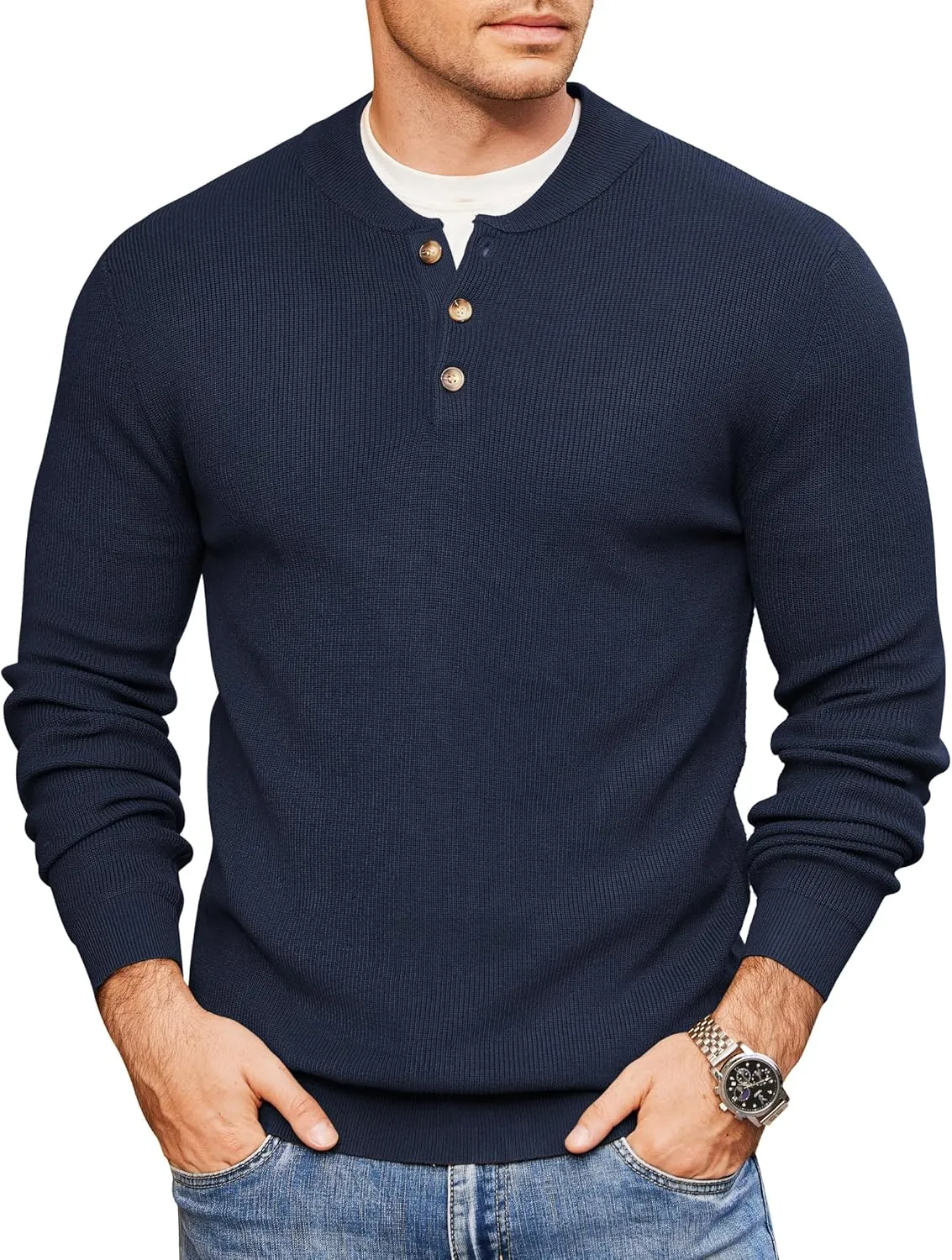 COOFANDY Men Henley Knit Sweater Dress Long Sleeve Button Pullover Sweater Casual Sweater Lightweight Slim Fit Tops