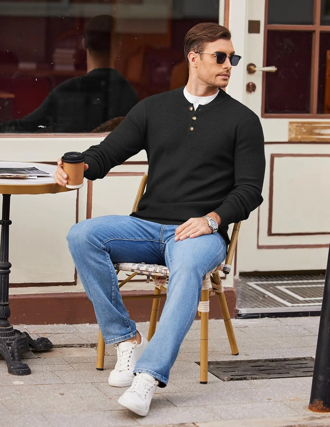COOFANDY Men Henley Knit Sweater Dress Long Sleeve Button Pullover Sweater Casual Sweater Lightweight Slim Fit Tops