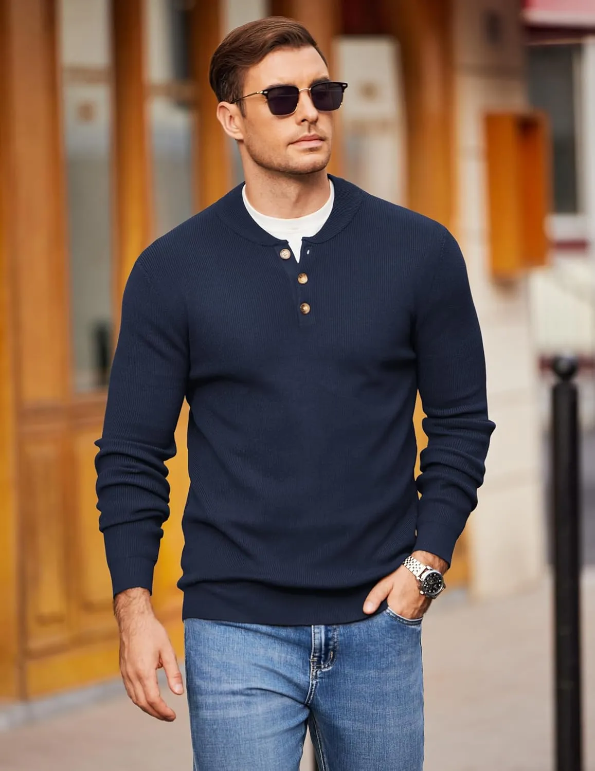 COOFANDY Men Henley Knit Sweater Dress Long Sleeve Button Pullover Sweater Casual Sweater Lightweight Slim Fit Tops