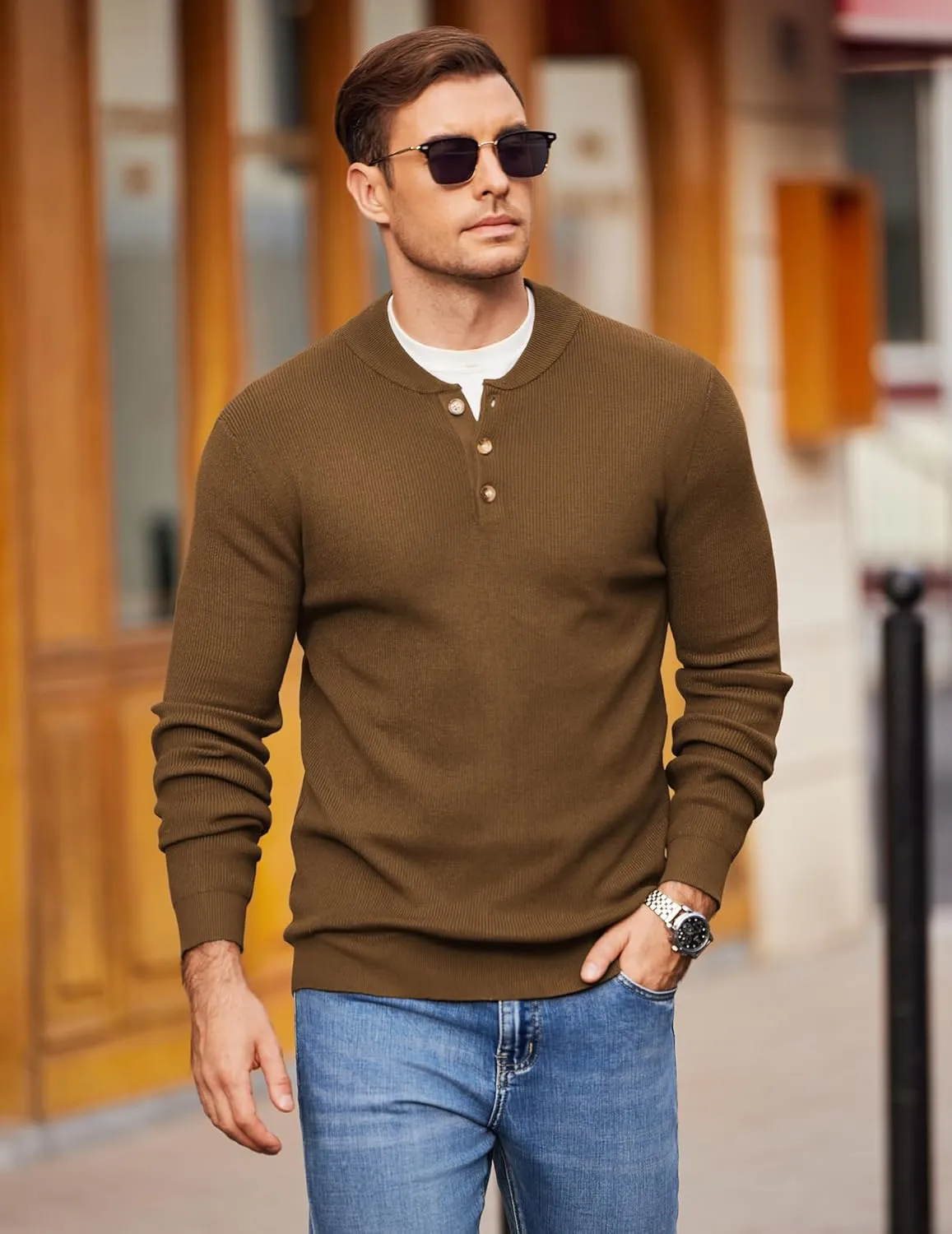 COOFANDY Men Henley Knit Sweater Dress Long Sleeve Button Pullover Sweater Casual Sweater Lightweight Slim Fit Tops