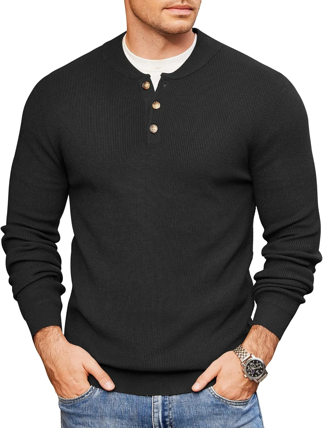COOFANDY Men Henley Knit Sweater Dress Long Sleeve Button Pullover Sweater Casual Sweater Lightweight Slim Fit Tops