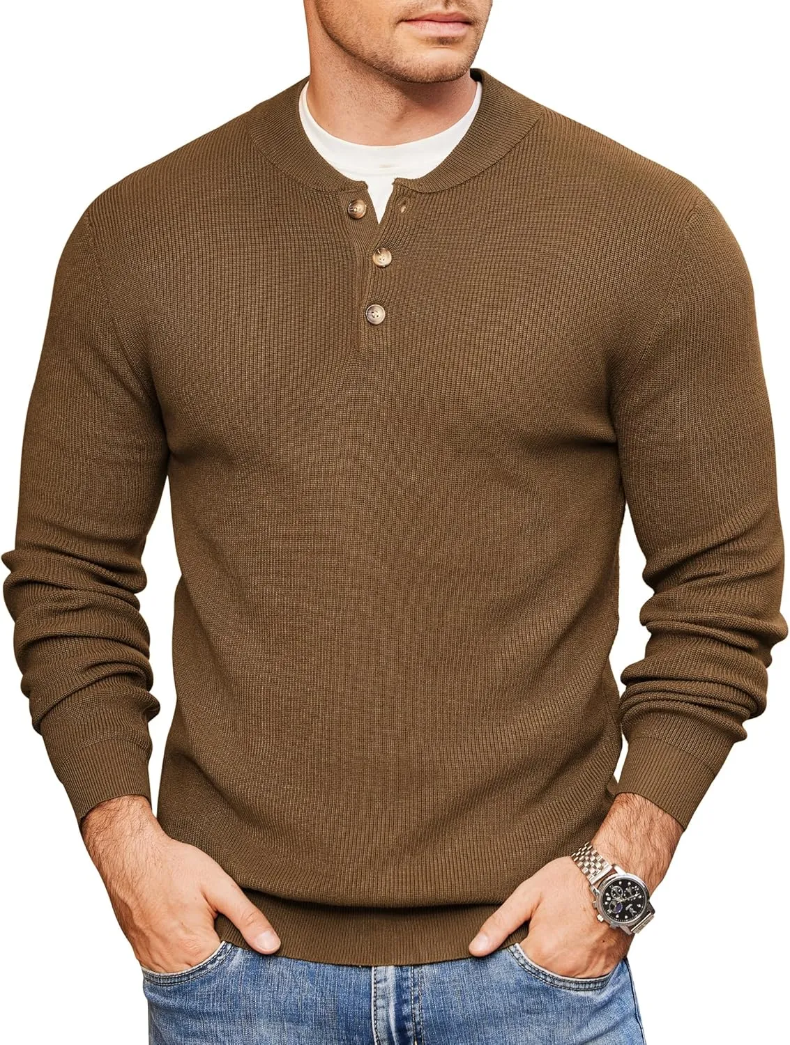COOFANDY Men Henley Knit Sweater Dress Long Sleeve Button Pullover Sweater Casual Sweater Lightweight Slim Fit Tops