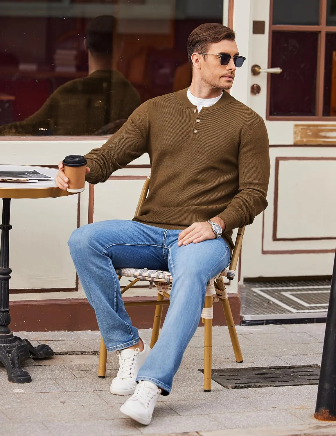 COOFANDY Men Henley Knit Sweater Dress Long Sleeve Button Pullover Sweater Casual Sweater Lightweight Slim Fit Tops