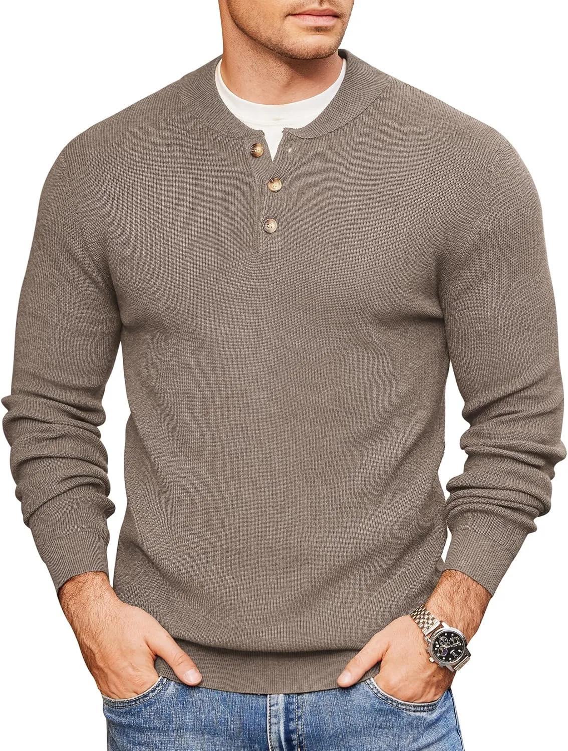 COOFANDY Men Henley Knit Sweater Dress Long Sleeve Button Pullover Sweater Casual Sweater Lightweight Slim Fit Tops