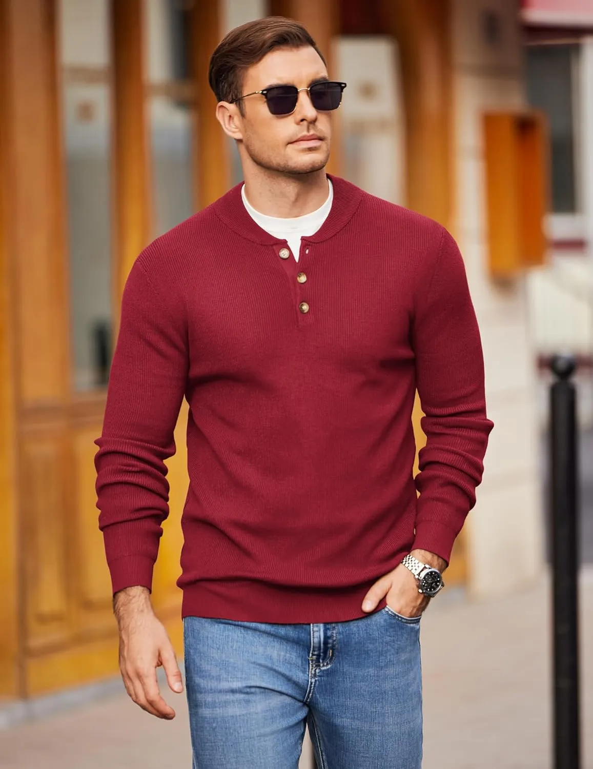 COOFANDY Men Henley Knit Sweater Dress Long Sleeve Button Pullover Sweater Casual Sweater Lightweight Slim Fit Tops