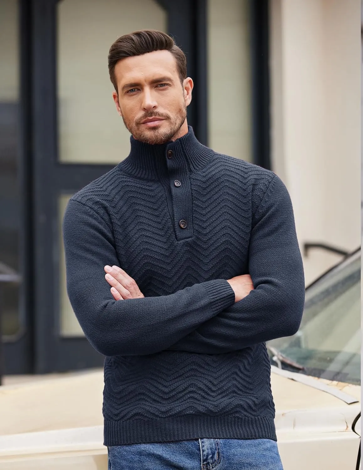 COOFANDY Men Quarter Button Sweater Pullover Cable Knit Henley Mock Neck Sweater