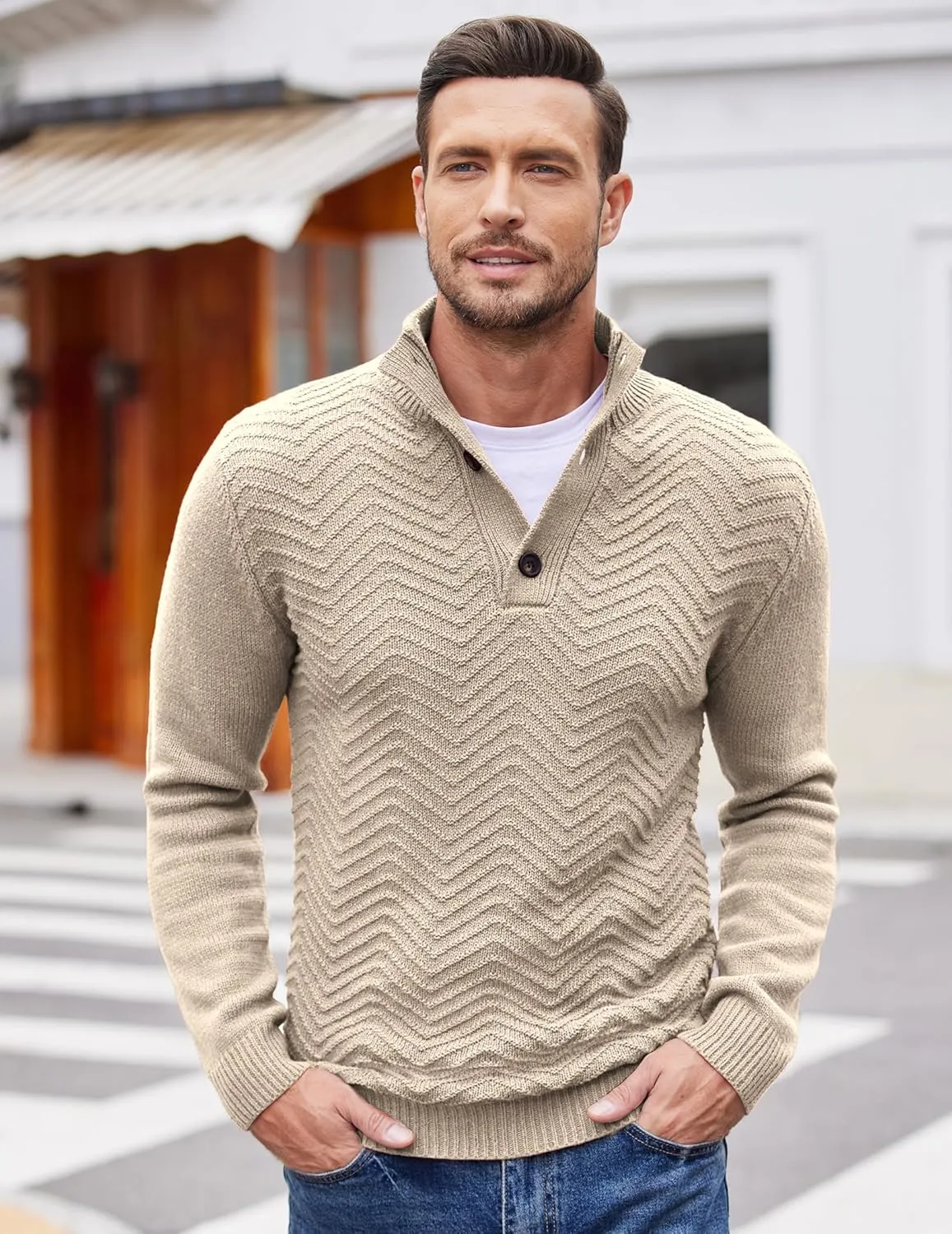 COOFANDY Men Quarter Button Sweater Pullover Cable Knit Henley Mock Neck Sweater