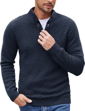 COOFANDY Men Quarter Button Sweater Pullover Cable Knit Henley Mock Neck Sweater