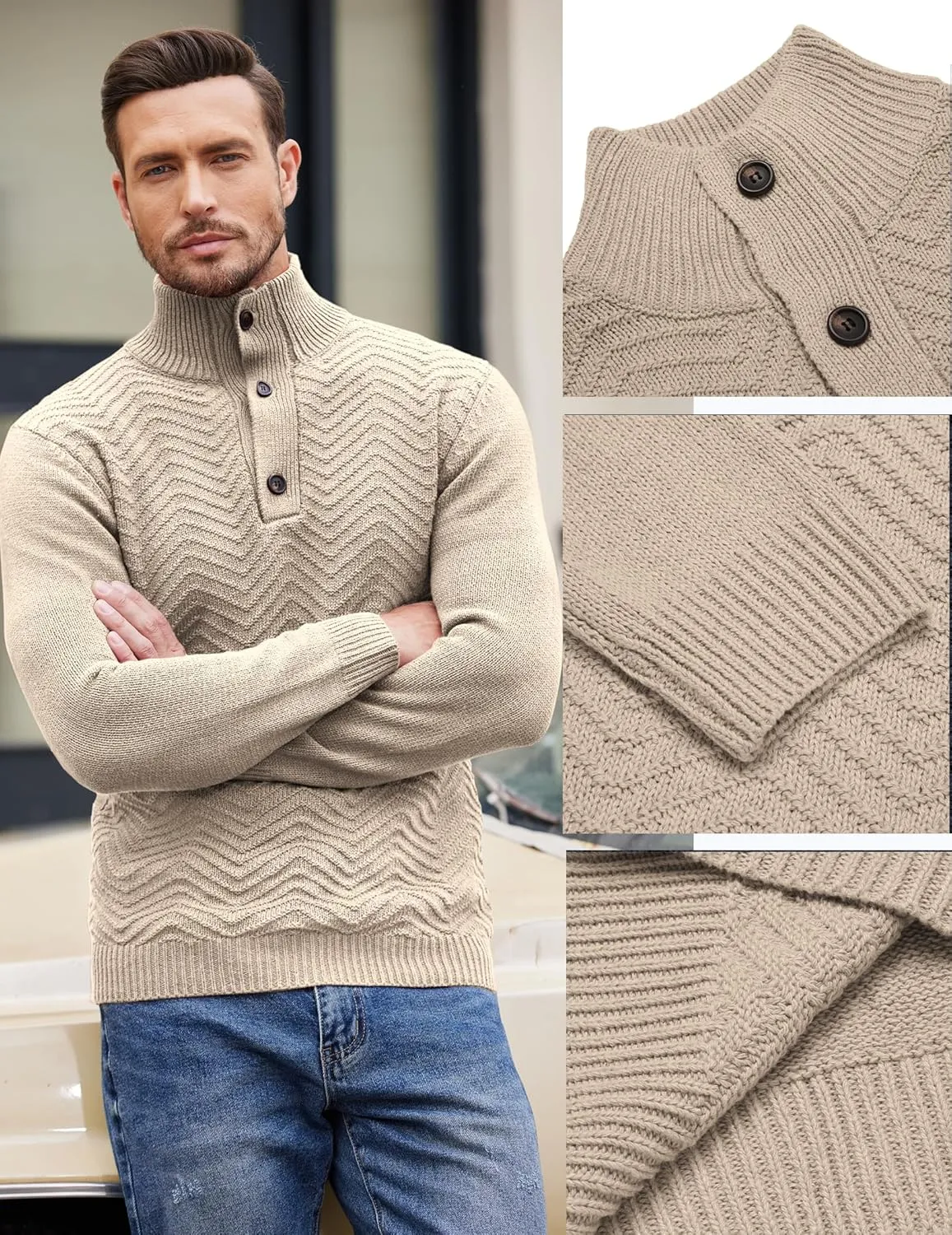 COOFANDY Men Quarter Button Sweater Pullover Cable Knit Henley Mock Neck Sweater