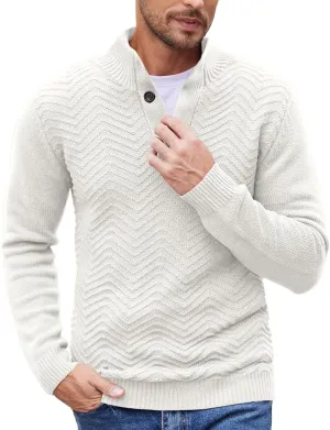 COOFANDY Men Quarter Button Sweater Pullover Cable Knit Henley Mock Neck Sweater