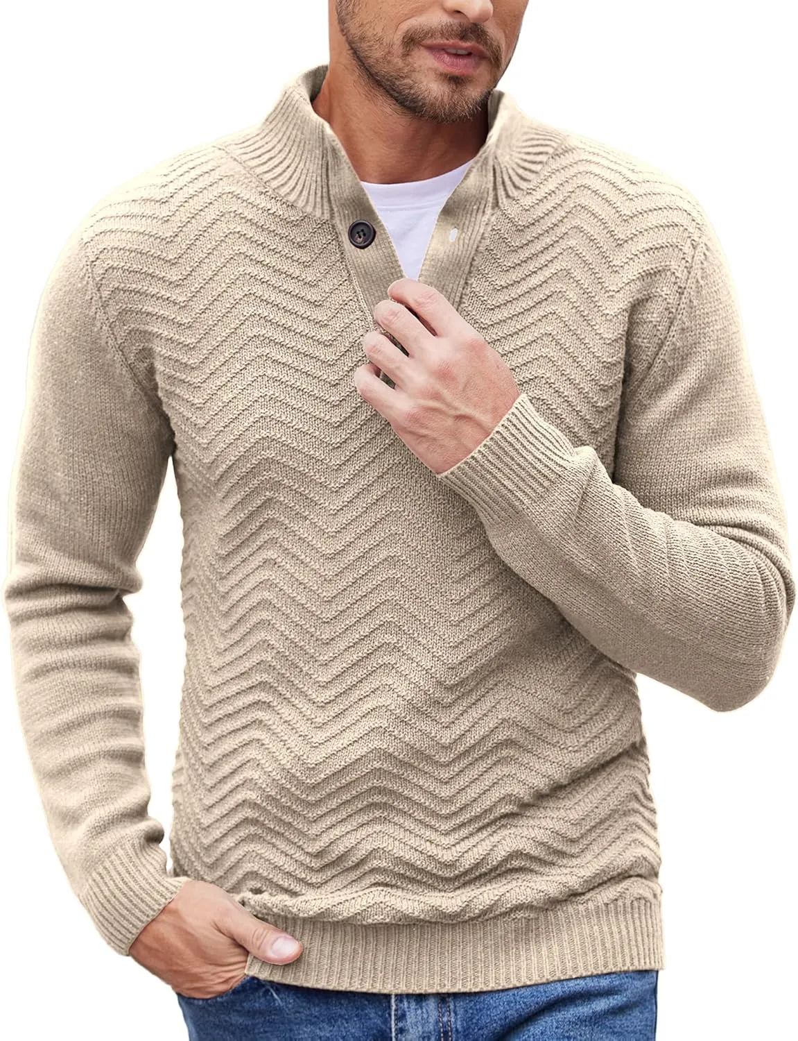COOFANDY Men Quarter Button Sweater Pullover Cable Knit Henley Mock Neck Sweater