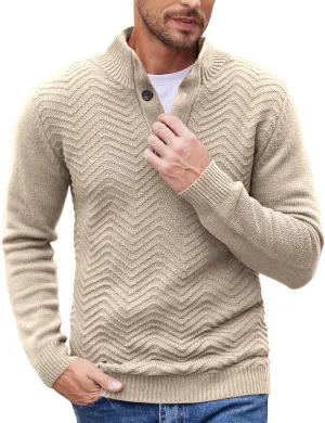 COOFANDY Men Quarter Button Sweater Pullover Cable Knit Henley Mock Neck Sweater