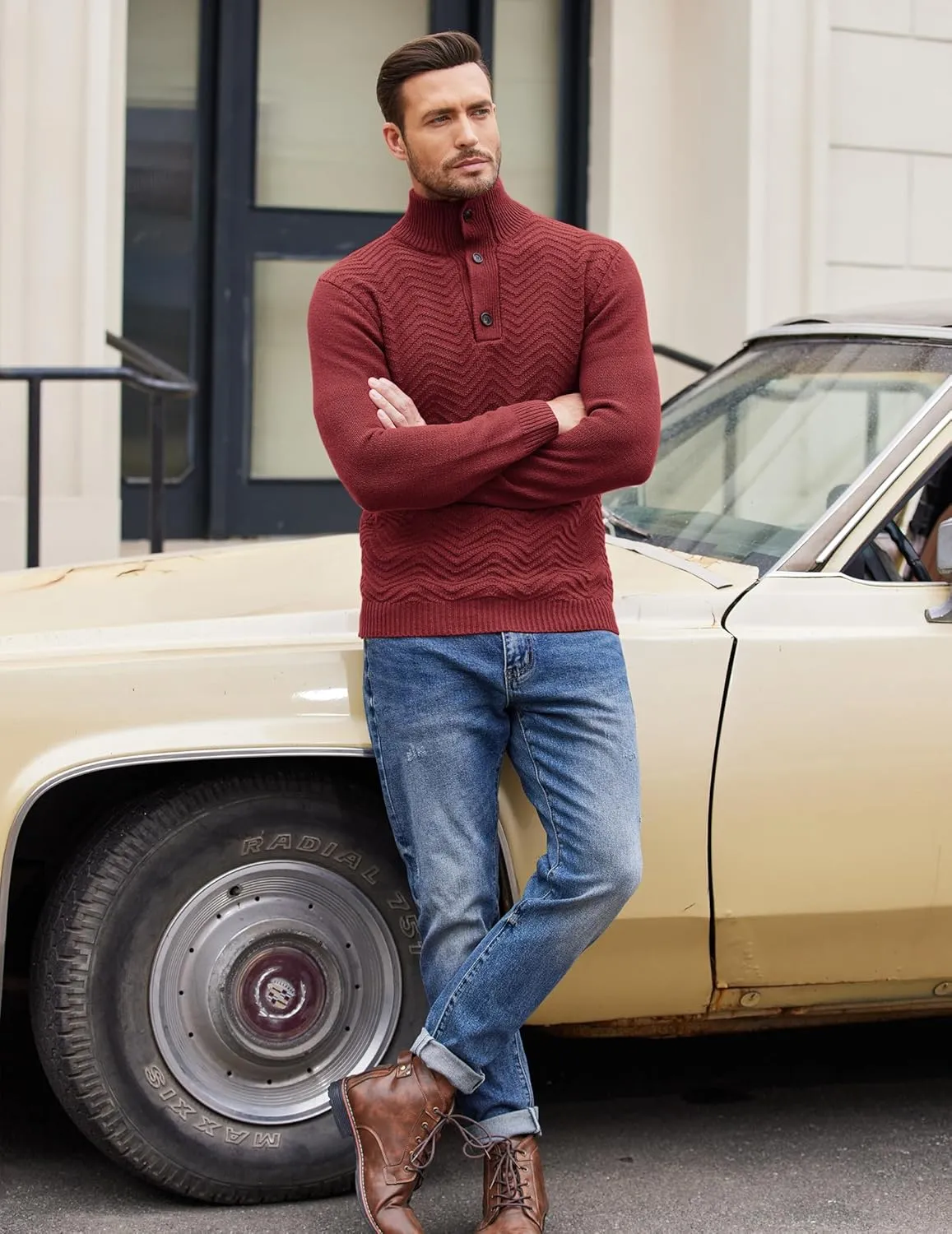 COOFANDY Men Quarter Button Sweater Pullover Cable Knit Henley Mock Neck Sweater