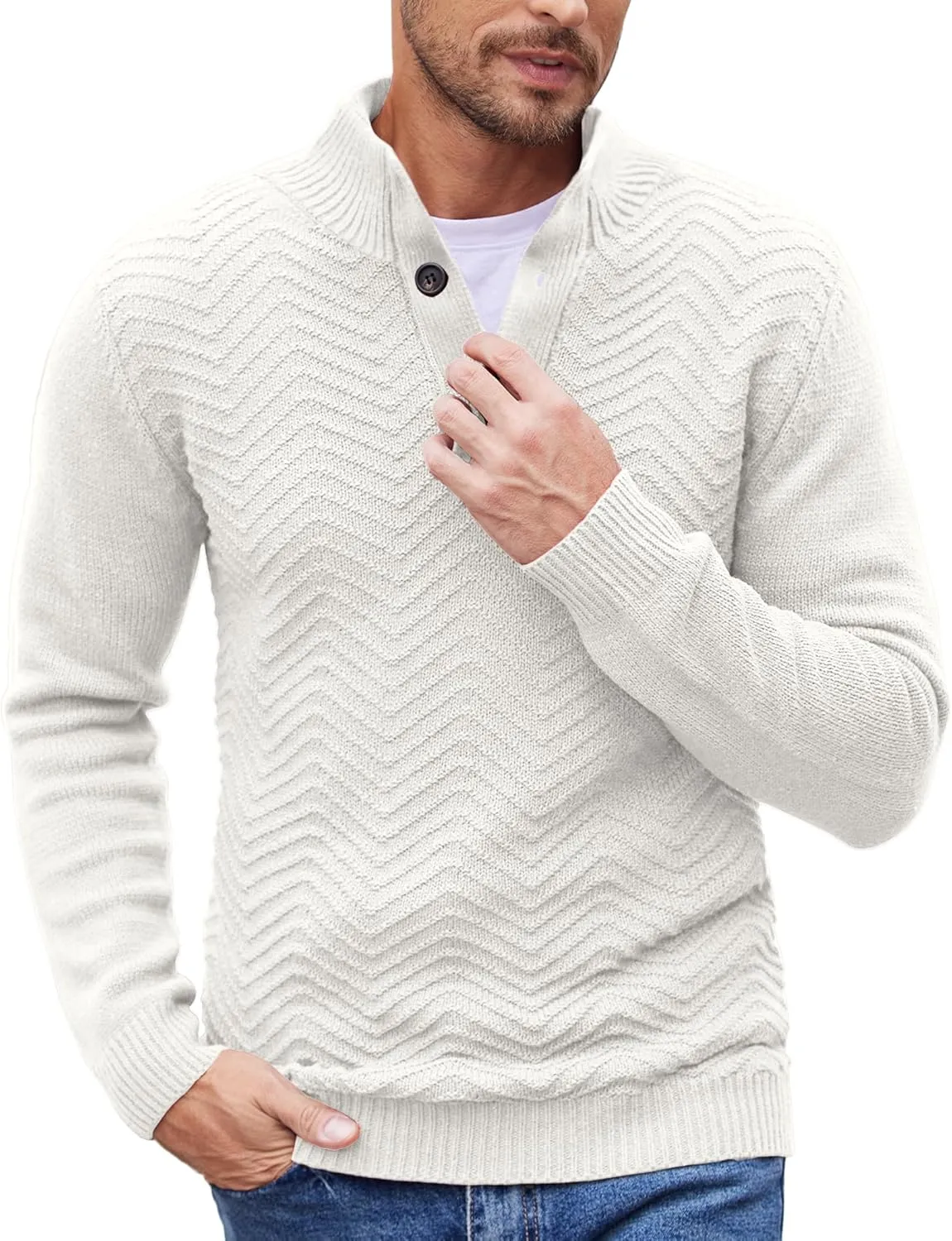 COOFANDY Men Quarter Button Sweater Pullover Cable Knit Henley Mock Neck Sweater