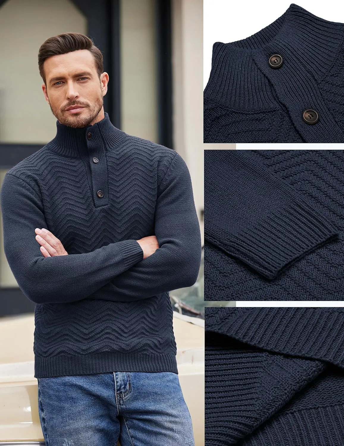 COOFANDY Men Quarter Button Sweater Pullover Cable Knit Henley Mock Neck Sweater