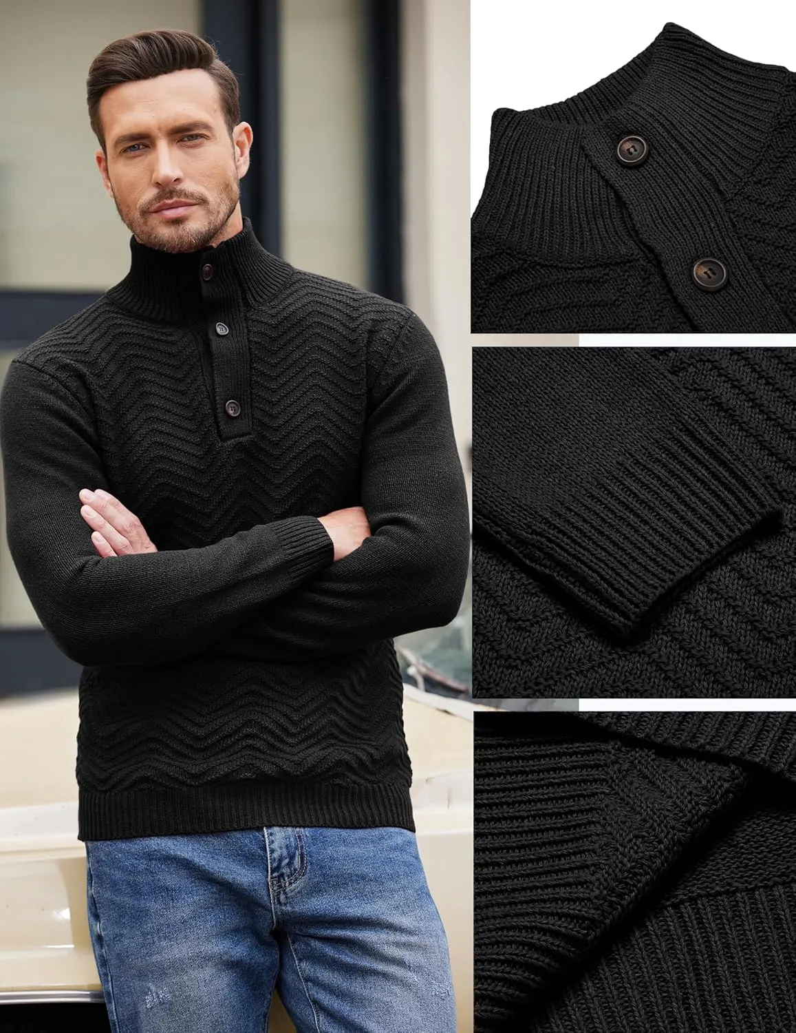 COOFANDY Men Quarter Button Sweater Pullover Cable Knit Henley Mock Neck Sweater