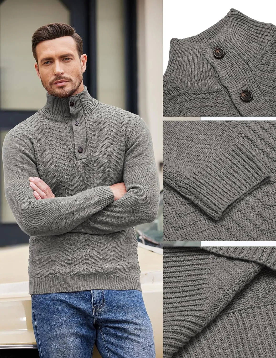 COOFANDY Men Quarter Button Sweater Pullover Cable Knit Henley Mock Neck Sweater
