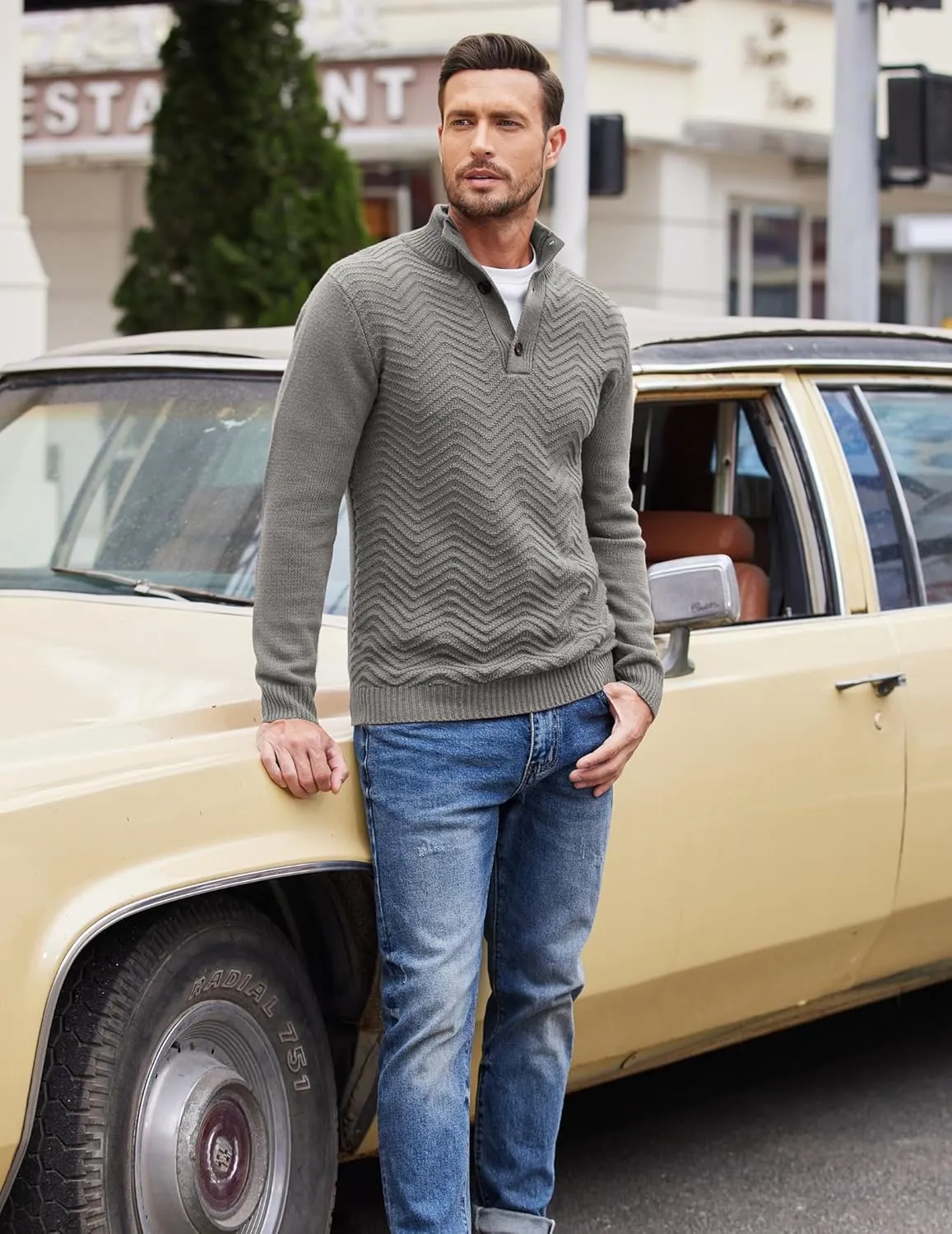 COOFANDY Men Quarter Button Sweater Pullover Cable Knit Henley Mock Neck Sweater