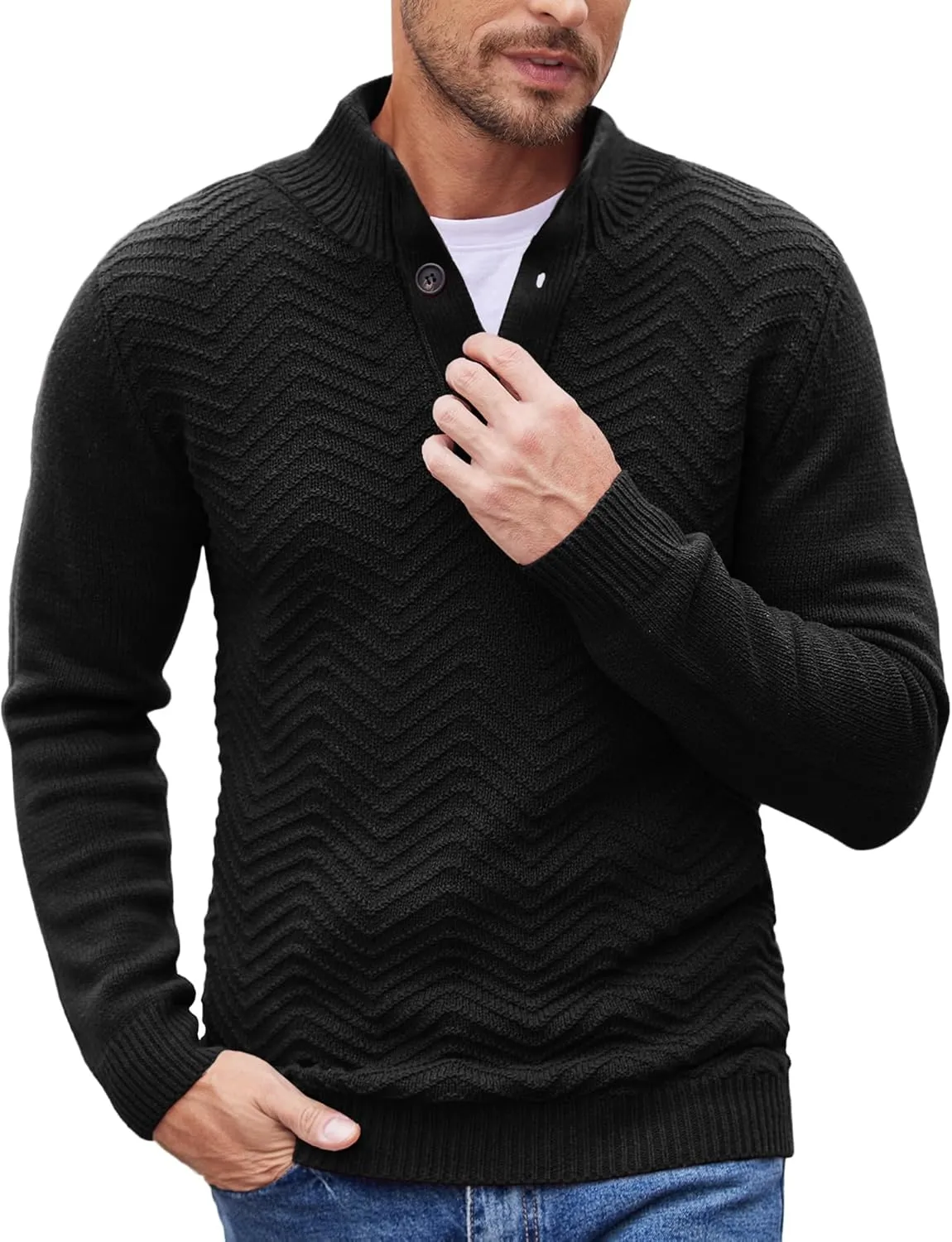COOFANDY Men Quarter Button Sweater Pullover Cable Knit Henley Mock Neck Sweater